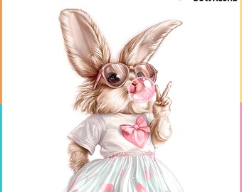 Coquette Easter Png with Cute Bunny and Blowing Bubble Digital Download for Print Preppy Shirt for Soft Girl Era, Commercial Use Too