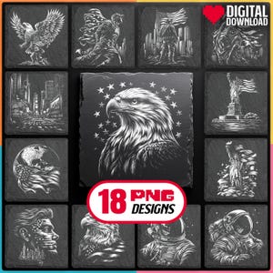 American Patriotic Laser Files PNG Bundle for Engraving Digital Download for Slate Coaster, Glowforge, LightBurn, XTool, Commercial Use