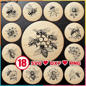 Paquete de archivos cortados con láser de abejas de miel con SVG, DXF y PNG para grabar en tablas de cortar y queso de madera Descarga digital, uso comercial