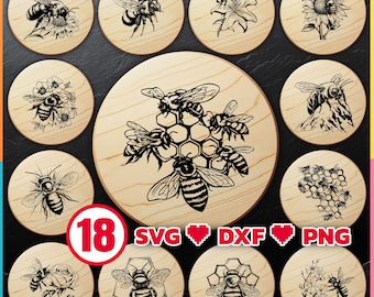 Honey Bee Laser Cut Files Bundle with SVG, DXF and PNG for Engraving on Wood Cutting and Cheese Boards Digital Download, Commercial Use