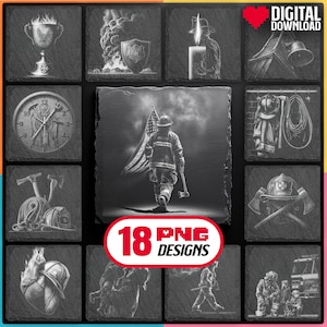 消防士救助隊員のレーザー彫刻 PNG バンドル デジタルダウンロード（消防署用 Slate Coaster、Glowforge、LightBurn、XTool、商用）