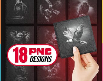 Paquete de posavasos de pizarra con grabado PNG y archivos láser de águila calva, descarga digital, Glowforge, LightBurn, XTool, también para uso comercial.