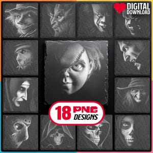 May include: A collection of 18 PNG designs featuring various horror-themed characters, including a scarecrow, a demonic figure, Pennywise the clown, and Chucky. The designs are in black and white, with a digital download heart icon.