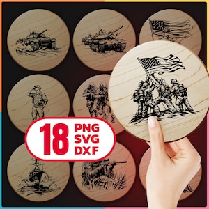 Pacchetto di file laser militari del 4 luglio per incisione, download digitale, SVG, DXF, PNG per taglieri in legno patriottici americani, commerciali
