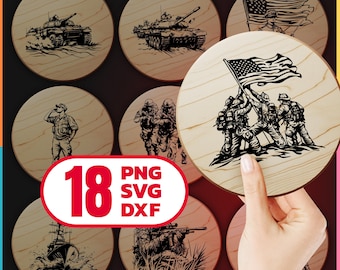4 juli militär laserfiler paket för gravyr digital nedladdning, SVG, DXF, PNG för amerikanska patriotiska träskärbrädor, kommersiella