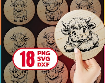 Highland Cow Laser Cut Files Bundle with SVG, DXF and PNG for Engraving on Wood Cutting and Cheese Boards Digital Download, Commercial Use