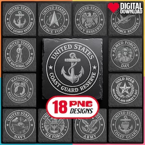 American Military Logos Laser Engraving PNG Bundle Digital Download for Patriotic Slate Coaster, Glowforge, LightBurn, XTool, Commercial