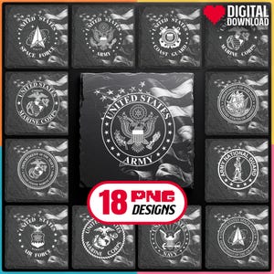 American Military Logos Laser Engraving PNG Bundle Digital Download for Patriotic Slate Coaster, Glowforge, LightBurn, XTool, Commercial