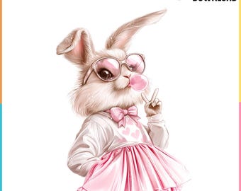 Coquette Easter Png with Cute Bunny and Blowing Bubble Digital Download for Print Preppy Shirt for Soft Girl Era, Commercial Use Too