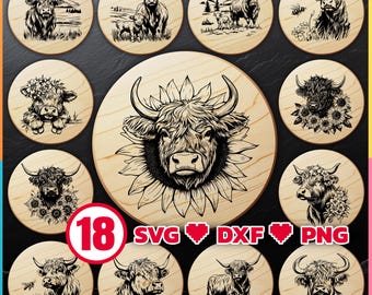 Highland Cow Laser Cut Files Bundle with SVG, DXF and PNG for Engraving on Wood Cutting and Cheese Boards Digital Download, Commercial Use