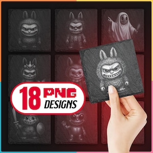 Pacchetto di file PNG di Halloween con bambola mostruosa per incisione laser, download digitale per sottobicchieri in ardesia spaventosi, Glowforge, LightBurn, uso commerciale