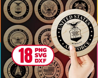 May include: Set of 10 round wooden coasters with black and white designs featuring various United States military branches, including the Air Force, Army, Coast Guard, and Department of Defense. The coasters feature the branch's insignia and the words "United States" and "Veteran".