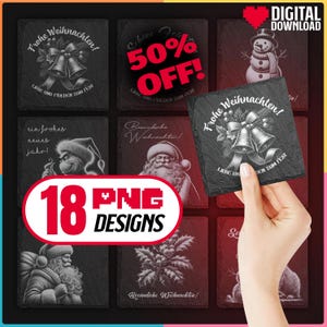 Frohe Weihnachten Gravur Png Bundle Digitaler Download für Glowforge Laser Brennen und erstellen Sie Schiefer Deutsche Weihnachtsachter Untersetzer, Kommerzielle Nutzung