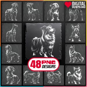 Hondenrassen laser png-bundel voor gravure digitale download, gravure op leisteen onderzetters, voor Glowforge, LightBurn, XTool, ook commercieel gebruik
