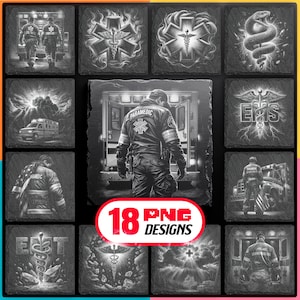 Könnte beinhalten: Eine Sammlung von 12 Schwarz-Weiß-PNG-Designs mit Themen des Rettungsdienstes (EMS). Designs umfassen Sanitäter, Krankenwagen, das Star-of-Life-Symbol und eine Schlange, die sich um einen Stab windet. Der Text "18 PNG DESIGNS" ist ebenfalls enthalten.