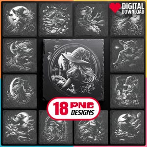 Prachtige heks magische gravure png-bundel met digitale download voor Glowforge, LightBurn voor het maken van leistenen onderzetters, commercieel gebruik