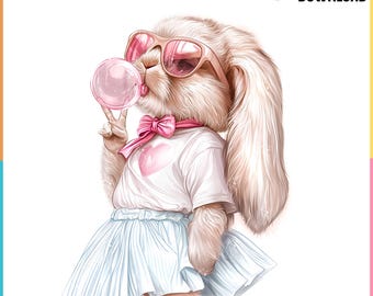 Coquette Easter Png with Cute Bunny and Blowing Bubble Digital Download for Print Preppy Shirt for Soft Girl Era, Commercial Use Too