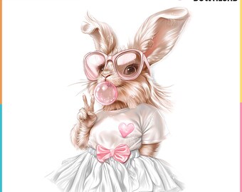 Coquette Easter Png with Cute Bunny and Blowing Bubble Digital Download for Print Preppy Shirt for Soft Girl Era, Commercial Use Too
