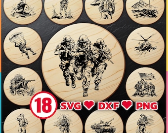 Skärbräde-laserfiler för gravyr med digital nedladdning av militärmotiv för 4 juli, amerikansk patriotisk SVG, DXF, PNG och även kommersiellt