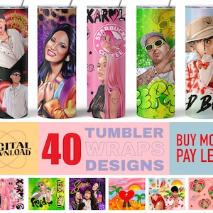 40 Skinny Tumbler Wrap Png Bundle Digital Download, 20 Oz Designs with Karol G, Feid Ferxxo, Peso Pluma, Selena Quintanilla, Commercial Use