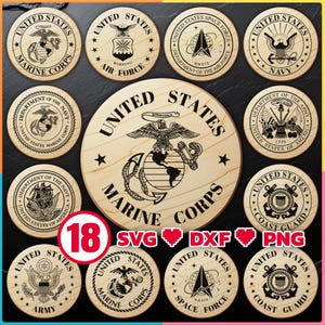 CNC-laserbestanden bundelen met Amerikaanse militaire logo's voor gravure op een houten bord voor digitale download, svg, dxf, png, ook commercieel gebruik