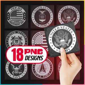 Leisteen Coaster graveerbestanden PNG-bundel met Amerikaanse militaire logo's Digitale download, Glowforge, LightBurn, XTool, commercieel inbegrepen