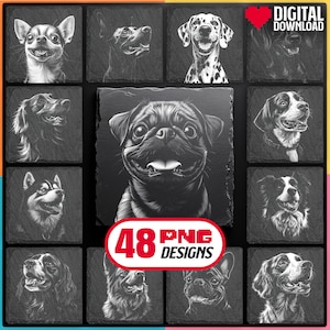 Bundle laser Png de races de chiens pour gravure, téléchargement numérique, création de sous-bocks en ardoise pour les amoureux des chiens, projets CNC, gravure Glowforge, usage commercial