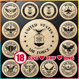 CNC-laserbestanden bundelen met militaire logo's van Air Force USA voor gravure op een houten bord voor digitale download, svg, dxf, png, commercieel gebruik