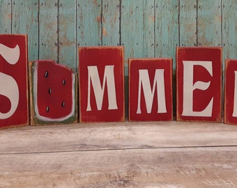 Summer Blocks - Summer decor - Summer Signs - wood shelf sitters - watermelon decor