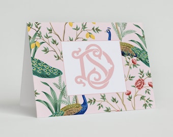 Monogrammed Pink Peacock Chinoiserie Folded Stationery Cards, Pink Bird Custom Notecards, Thank you Cards