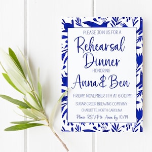 Personalized Blue & White Otomi Invitation Card, Chinoiserie Blue and White Patterned Printed Baby Shower Invite Card, Custom Party Invite