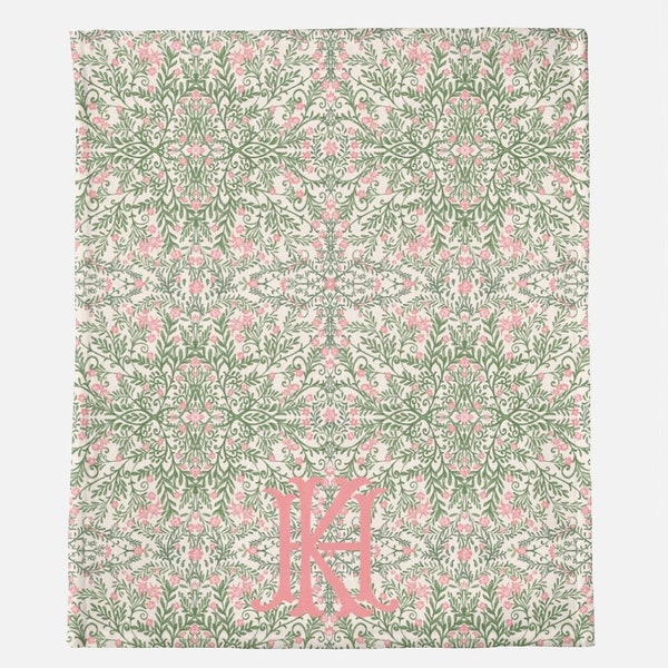 Pink and Green Floral Chinoiserie Minky Blanket, Floral Soft Grandmillenial Blanket