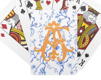 Monogram Playing Cards, Blue and White Chinoiserie Deck of Cards, Personalized Cards, Stocking Stuffer