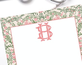 Pink and Green Floral Chinoiserie Monogram Note Pad, Floral Vines Notepad, Spring Personalized Note Pad, Custom Easter, Custom Gift