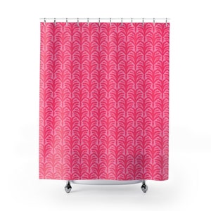 May include: Pink shower curtain with a repeating pattern of stylized pink and white leaves.