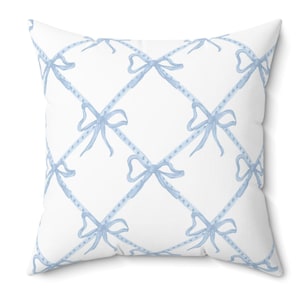 Blue & White Bow-Patterned Square Pillow, Blue Ribbon Grandmillenial Pillow, Blue Nursery Pillow, Cottagecore Blue Home Decor
