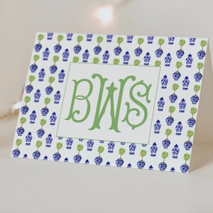 Monogrammed Ginger Jar Topiary Folded Stationery Cards, Blue and White Custom Notecards, Chinoiserie Monogrammed Thank you Cards