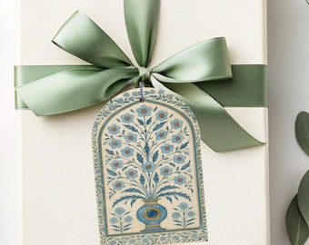 Custom Blue Watercolor Floral Arched Gift Tags, Personalized Chinoiserie Gift Tags, Blue Ornate Flower Vase Everyday Gift Tags.