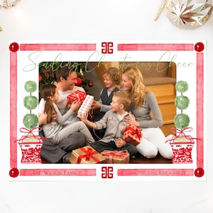 Red Chinoiserie Topiary Christmas Card, Red and White Ginger Jar Personalized Printed Holiday Card, Custom Christmas Card