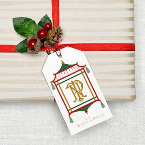 Red & Green Pagoda Monogram Gift Tags, Personalized Chinoiserie Christmas Gift Tags, Holiday Favor Tags, Grandmillenial Wrapping,