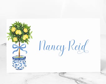 Lemon Topiary Chinoiserie Place Cards, Blue and White Ginger Jar 3.5x2 Placecards