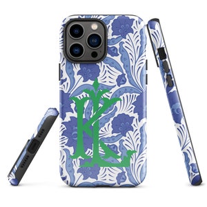 Blue and White Two Letter Monogram Phone Case, Floral Personalized iPhone Case, Custom Monogram iPhone 15 Case iPhone 16 Case