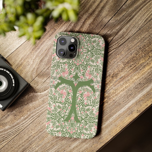 Pink and Green Floral Chinoiserie Monogram Phone Case, Personalized iPhone Case, Custom Monogram Case, iPhone 14 Case, iPhone 15 Case