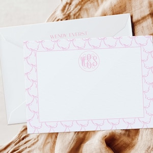Pink Bow Custom Stationery Cards, Pink and White Ribbon Pattern Note Cards, Custom Girl Flat Note Cards, Grandmillenial Stationery