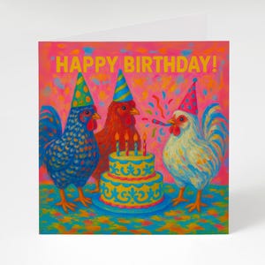 Brightly Painted Chicken Party Happy Birthday Card, Colorful Chicken Card, Chicken Birthday Party, Pink and Orange Chicken Birthday Card