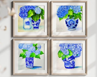Chinoiserie Blue and White Hydrangea in Ginger Jar Watercolor Print, Ginger Jar Watercolor Art, Chinoiserie Decor, Hydrangea Artwork