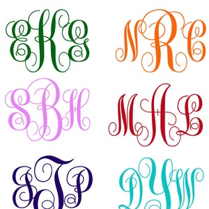 May include: Six different monogram designs with a script font. The monograms are in green, orange, pink, red, navy blue, and turquoise.