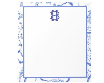 Monogram Chinoiserie Note Pad, Blue and White Monogram Note Pad, Custom Two Letter Monogram Sticky Notes, Pagoda Chinoiserie Decor