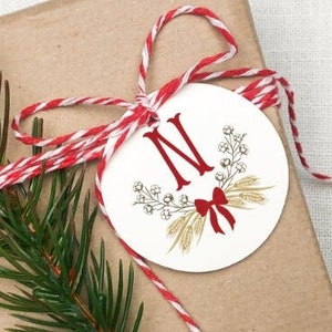 Monogram Cotton Wreath Gift Tags, Personalized Christmas Chinoiserie Tags, Holiday Favor Tags, Southern Customized Gift Tags