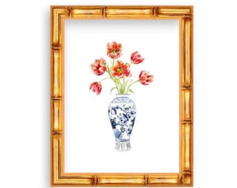 Chinoiserie Ginger Jar Tulip Vase Watercolor Print, Ginger Jar Watercolor Art, Blue and White Chinoiserie Decor